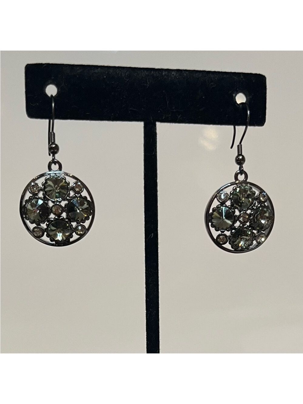 Butler Black Crystal Drop Earrings Round Rhinestone Gunmetal Dangle